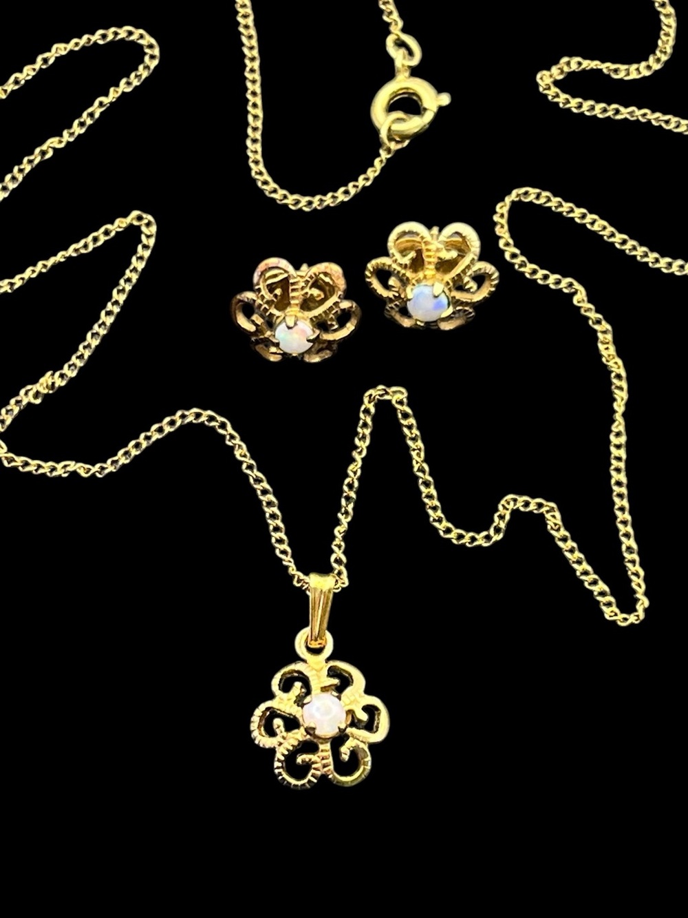12k gold filled opal scroll swirl flower pendant necklace & earrings vintage